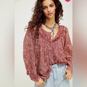 We The Free People Cool Meadow Printed Blouse Top Red Floral Paisley Size Small
